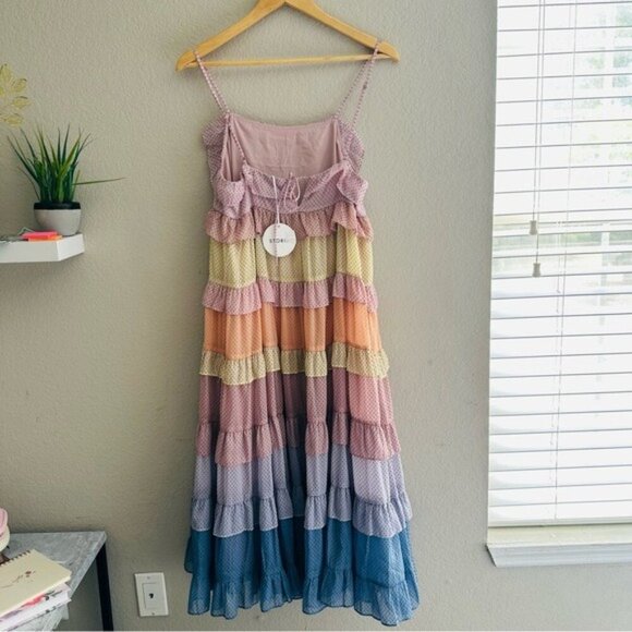 Storia Multicolor Polka Dot Print Colorblock Tiered Midi Dress NWT - Picture 3 of 14